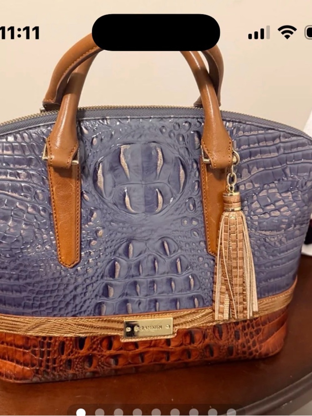 Brahmin Navy Blue and Brown Croc-Embossed Satchel